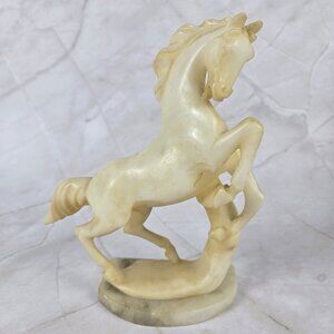 Vintage Scuplture of Cavallino In Alabaster Marble Half Moon Base MCM 1950's